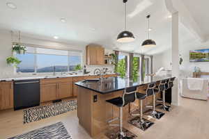 Kitchen with dishwasher, a sink, plenty of natural light, vaulted ceiling, and recessed lighting