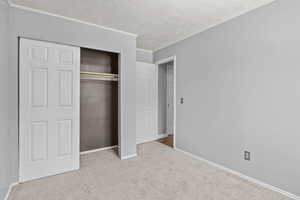 Unfurnished bedroom with carpet, a textured ceiling, a closet, baseboards, and ornamental molding