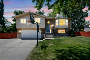 Raised ranch featuring concrete driveway, an attached garage, brick siding, and entry steps