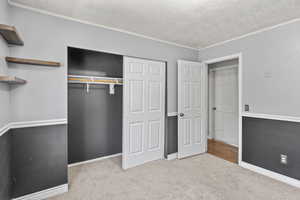 Unfurnished bedroom with a textured ceiling, a closet, carpet floors, ornamental molding, and baseboards