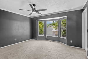Carpeted spare room featuring a textured ceiling, a ceiling fan, ornamental molding, and baseboards