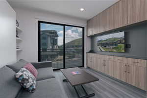 Living room featuring light wood-style flooring and recessed lighting