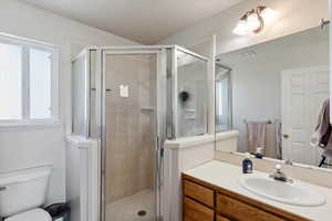 Full bathroom featuring vanity, toilet, and a stall shower