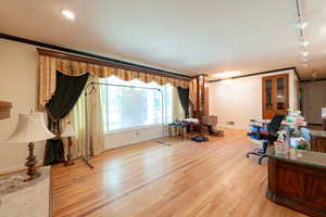 Office space with rail lighting, light wood-type flooring, ornamental molding, and baseboards