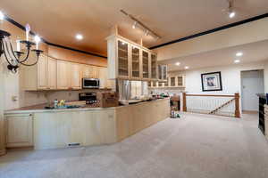 Kitchen featuring stainless steel appliances, rail lighting, light brown cabinets, light carpet, and glass insert cabinets