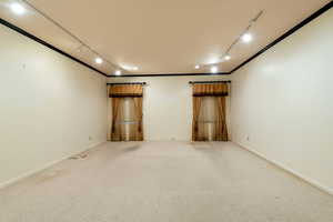 Carpeted empty room featuring track lighting and baseboards