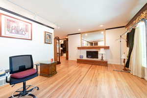 Living area featuring track lighting, baseboards, light wood-type flooring, a fireplace with raised hearth, and recessed lighting