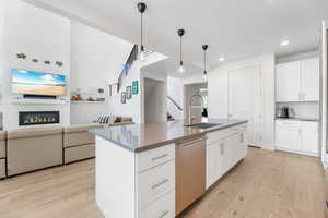 Kitchen featuring a sink, dishwasher, light wood-style floors, open floor plan, and recessed lighting