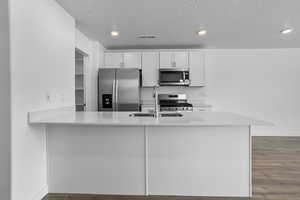Kitchen featuring appliances with stainless steel finishes, a sink, light countertops, dark wood-style flooring, and recessed lighting