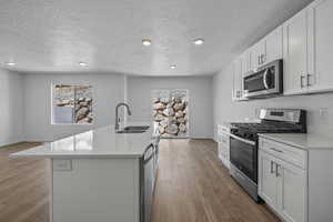 Kitchen with stainless steel appliances, a sink, light countertops, wood finished floors, and a textured ceiling