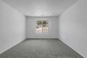 Empty room featuring a textured ceiling, carpet flooring, and baseboards