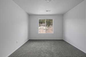 Carpeted spare room with a textured ceiling and baseboards