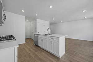 Kitchen with a sink, stainless steel appliances, light countertops, wood finished floors, and recessed lighting