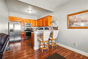 Kitchen with stainless steel appliances, a peninsula, dark wood-type flooring, light countertops, and baseboards