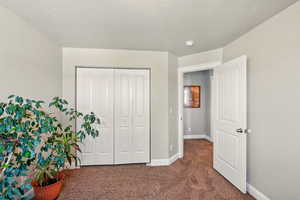 Carpeted bedroom featuring baseboards and a closet