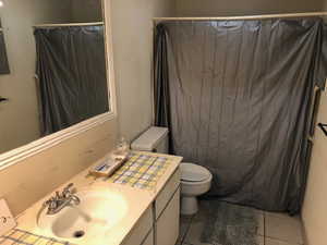 Full bath featuring toilet, tile patterned flooring, vanity, and a shower with curtain