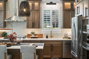 Kitchen with appliances with stainless steel finishes, wall chimney exhaust hood, a sink, backsplash, and light countertops