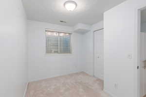 Unfurnished bedroom featuring light carpet, a textured ceiling, baseboards, and a closet