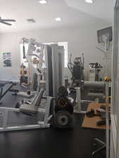 Workout area featuring ceiling fan