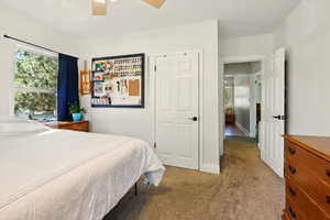 Bedroom featuring light carpet, multiple windows, and ceiling fan