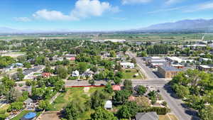 Aerial view of residential area with mountains