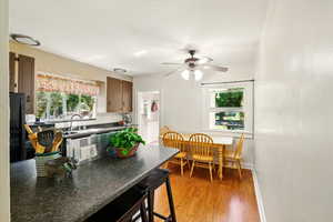 Kitchen featuring a sink, dark countertops, a ceiling fan, baseboards, and freestanding refrigerator