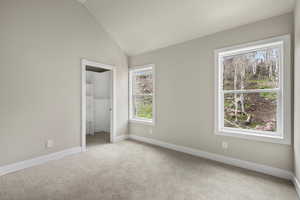Unfurnished bedroom with carpet floors, baseboards, a walk in closet, a closet, and high vaulted ceiling