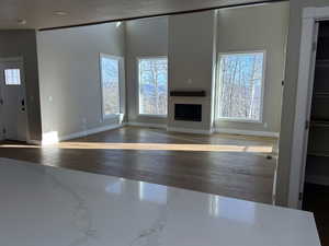 Unfurnished living room featuring healthy amount of natural light, a fireplace, dark wood-style flooring, and a textured ceiling
