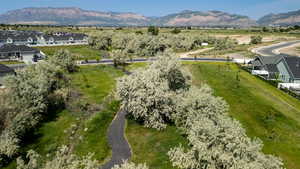 Aerial view of residential area featuring a mountain backdrop