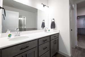 Bathroom featuring double vanity, wood finished floors, a walk in closet, and baseboards