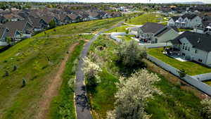 Aerial view of residential area with mountains