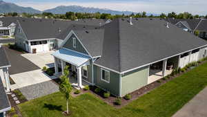 Aerial view of residential area with a mountain backdrop