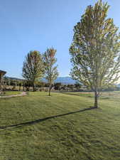 View of green lawn featuring a mountain view