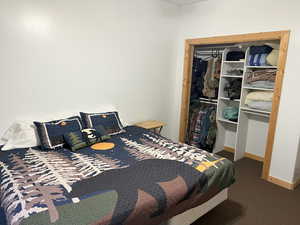 Carpeted bedroom with a closet and baseboards
