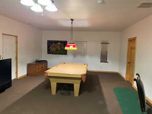 Recreation room with carpet floors, baseboards, and billiards