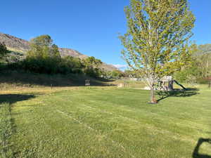 View of grassy yard featuring a mountain view