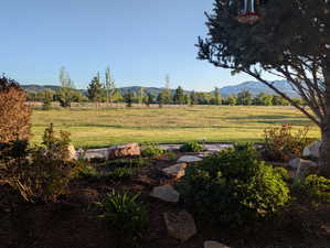 View of green lawn featuring a view of rural / pastoral area and a mountain view