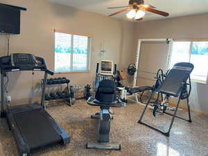 Workout area with ceiling fan