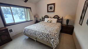 Carpeted bedroom with lofted ceiling