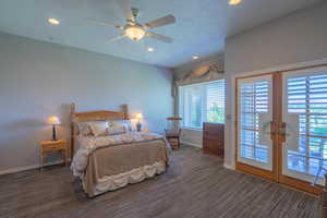 Bedroom with access to exterior, baseboards, french doors, carpet floors, and recessed lighting