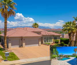 Mediterranean / spanish-style house with stucco siding, driveway, an attached garage, and a mountain view