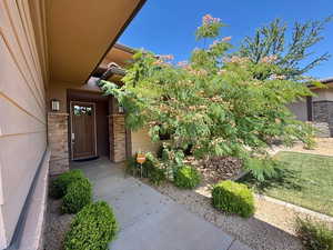 Entrance to property with stone siding