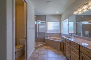 Full bath with a stall shower, a bath, toilet, and vanity