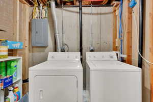 Laundry room featuring washer and clothes dryer and electric panel