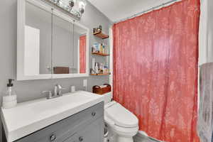Bathroom with vanity, toilet, wood finished floors, and a shower with shower curtain