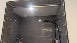 Bathroom view of a tile shower