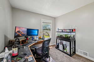 Office space with carpet, baseboards, and a textured ceiling