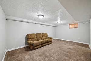 Living area with carpet, a textured ceiling, and baseboards