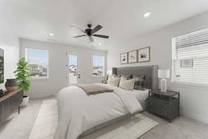 Bedroom featuring multiple windows, light carpet, baseboards, and door to balcony