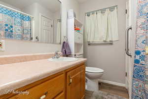 Bathroom featuring wood finished floors, vanity, toilet, baseboards, and a shower with curtain